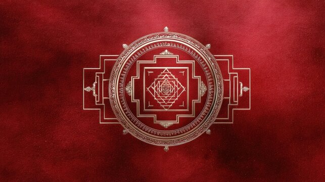 Intricate Geometric Pattern Design on Rich Red Background with Cultural Symbolism and Artistic Flair