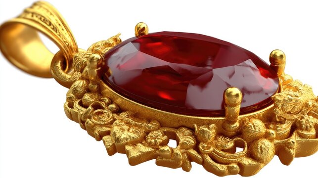 Elegant Golden Pendant with a Large Red Gemstone Surrounded by Intricate Floral Patterns