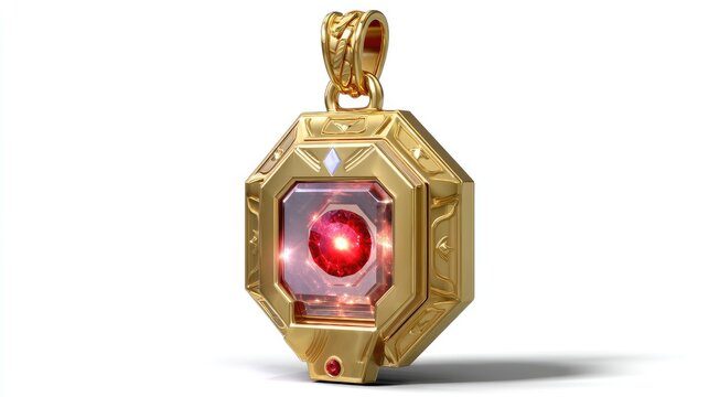 Elegant golden pendant with red gemstone, intricately designed jewelry showcasing traditional craftsmanship and luxurious appeal