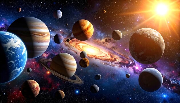 Colorful planets and moons in outer space nebula.
