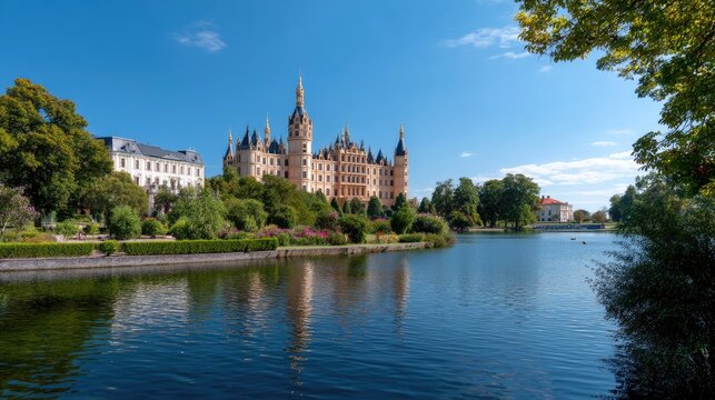 Scenic View of Historic Castle Surrounded by Lush Greenery and Calm Water Under Clear Blue Sky