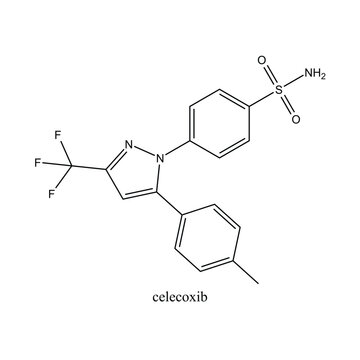 Celecoxib chemical structure illustrated as a 2D skeletal molecular formula. Scientific vector isolated on a white background for chemistry, pharmaceutical, research, and educational applications.