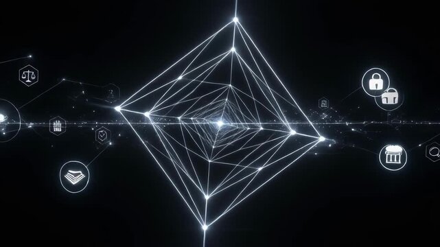 Glowing digital geometric network cube with technology and security icons