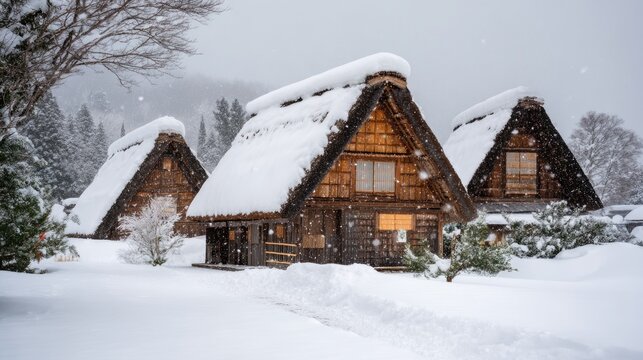 Snowy Landscape with Traditional Houses in Winter, Captivating Winter Scene of Traditional Architecture in Snowfall