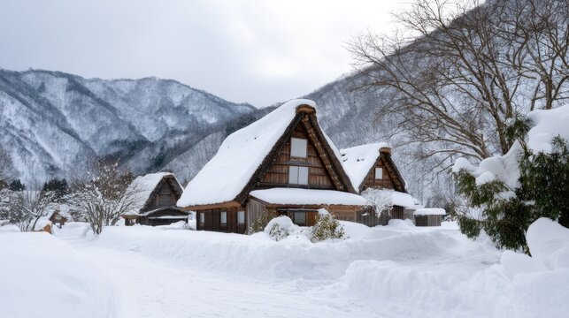 Traditional Japanese Thatched Roof Houses Surrounded by Snowy Landscape in Scenic Winter Setting