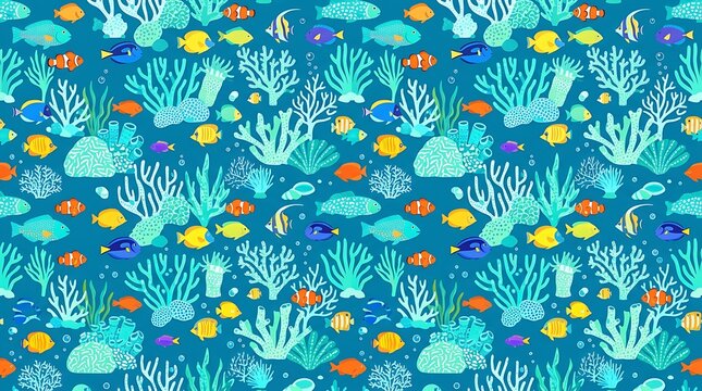 Vibrant underwater sea life pattern with tropical fish and corals