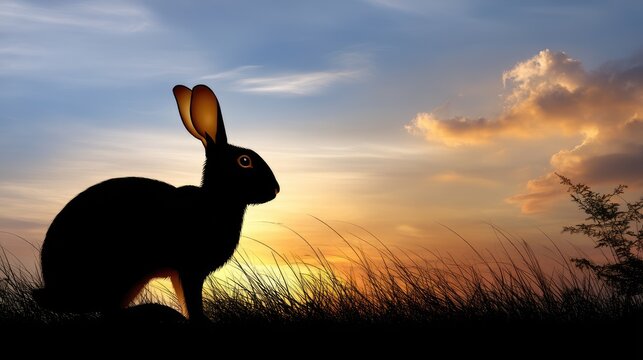 Silhouette of a Rabbit Against a Colorful Sunset Sky with Soft Clouds and Gentle Grass in the Foreground