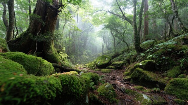 Lush Green Forest Pathway Surrounded by Misty Atmosphere and Vibrant Mossy Rocks