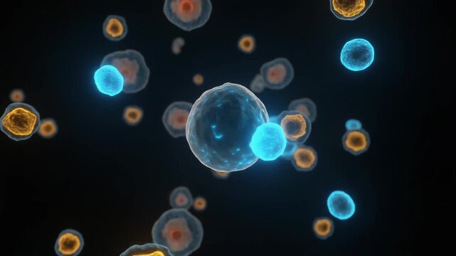 Biological cells releasing exosomes and glowing particles in dark background