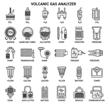 Volcanic Gas Analyzer Equipment Icons Set: CO2, SO2, H2S, H2S, S2S, CO2, Sensor, Sampling Tubes, H2O Vapor, Pump, Pressure
