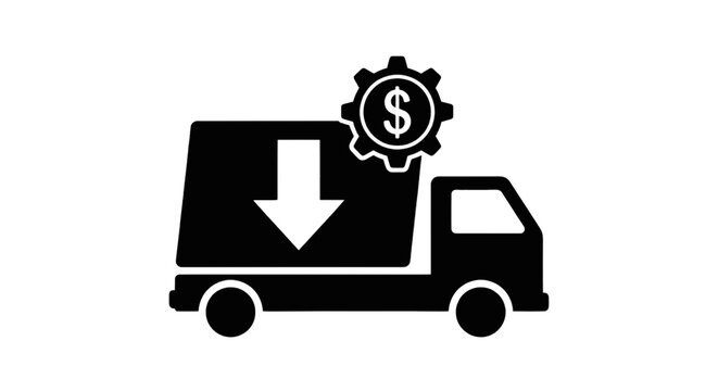Vector illustration of delivery truck icon with dollar sign gear symbol for shipping cost reduction on a transparent background