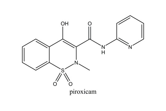 Piroxicam chemical structure shown as a 2D skeletal molecular formula. Scientific vector illustration isolated on a white background for chemistry, pharmaceutical, laboratory, and educational material