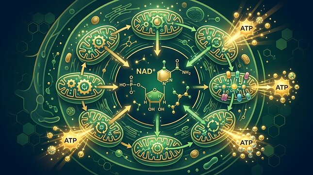 Cellular energy cycle showing nad and atp production in mitochondria