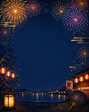 夜空を彩る花火と提灯の和風フレーム　夏祭りイベント向け背景素材