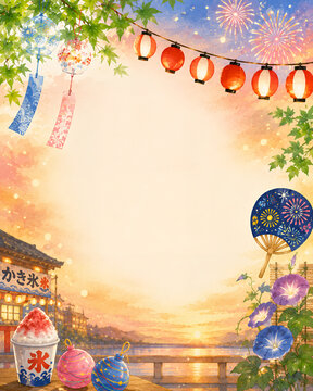 夕暮れの夏祭りをイメージした和風背景　花火と風鈴のイベントフレーム