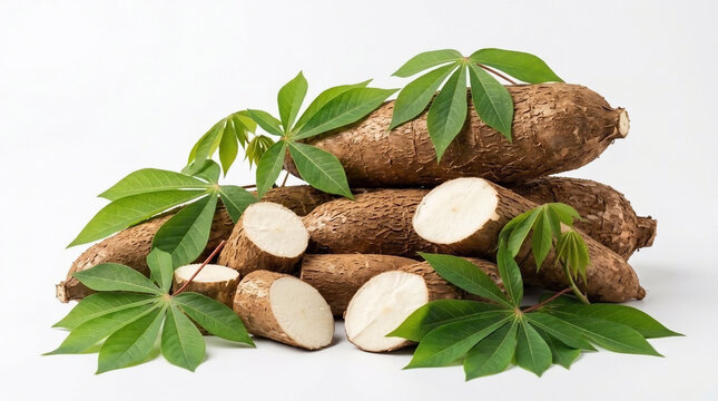 Fresh Cassava Roots with Leaves Isolated on White Background
