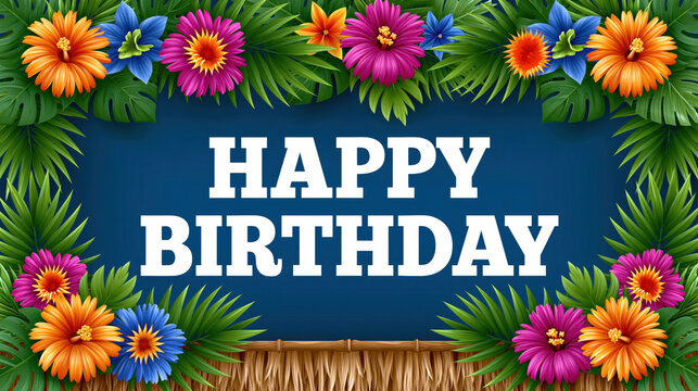 Luau birthday backdrop, tropical flower frame, happy birthday text, blue background, palm leaf border, colorful daisy, festive party decoration