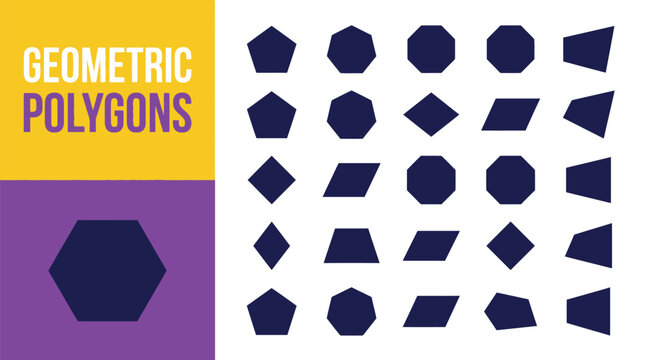 Set of dark blue geometric polygons displayed on white background