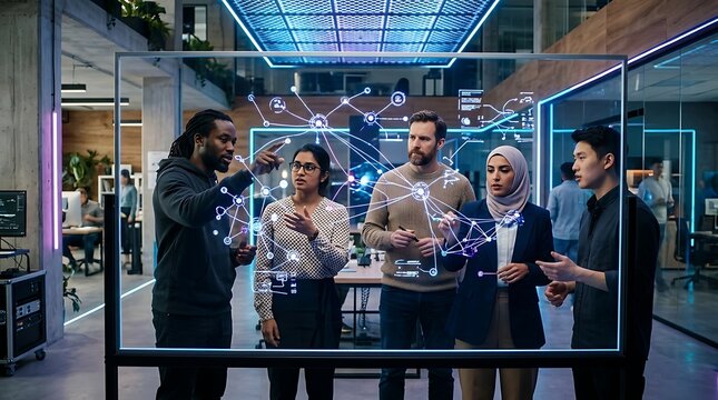 Diverse engineers collaborating on digital interface in modern office