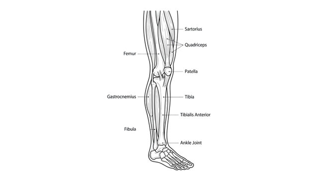 Anatomical Illustration of Human Leg Muscles and Bones with Labels