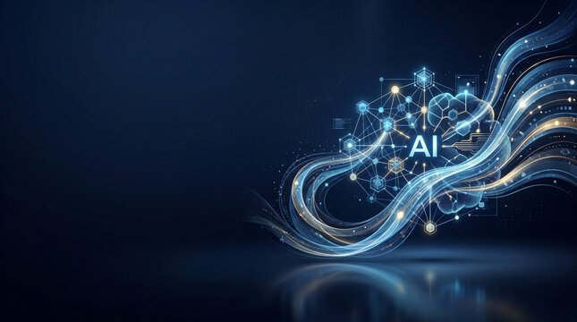 Conceptual digital illustration of artificial intelligence featuring a glowing human brain with circuit board patterns, neural network nodes, and flowing light trails on dark background.