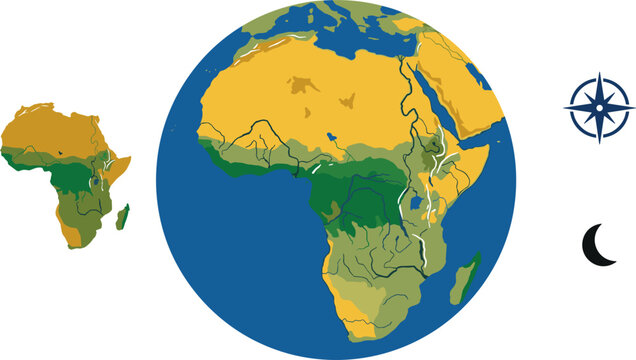 Africa Continent Map and Earth Globe Icon Set Featuring Geographic Biomes Rivers Compass Rose Windrose and Crescent Moon Flat Vector Illustration