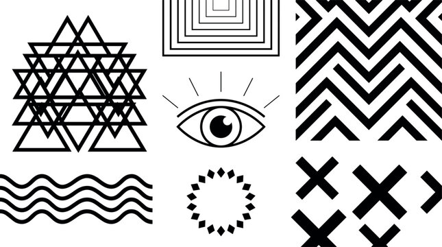Abstract Esoteric Geometric Shape Icon Set Featuring Sacred Geometry Triangles Evil Eye All Seeing Vision Optical Waves and Chevron Patterns Vector Illustration
