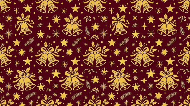Elegant golden christmas bells and stars seamless pattern on red