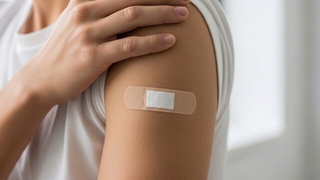 Adhesive bandage on man shoulder after vaccination, close up of patient arm with band aid plaster for vaccine injection, immunization campaign and medical healthcare concept