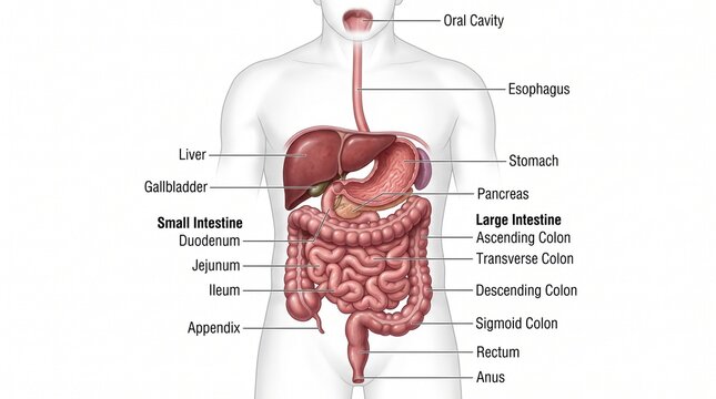 Human Digestive System Anatomical Diagram with Labels, Medical Illustration of Gastrointestinal Tract Isolated on White Background