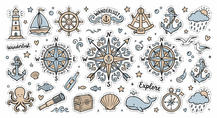Charming hand-drawn vector elements depict nautical themes with a compass, lighthouse, sailboat, anchors, and clouds, rendered in a warm, muted color palette for a vintage © FlatOnly