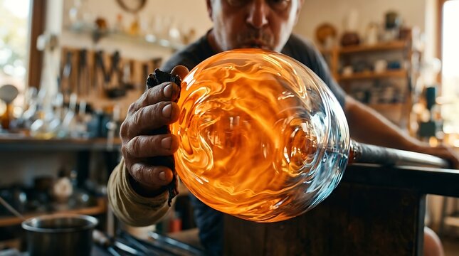 Professional glassblower shaping a glowing molten glass orb