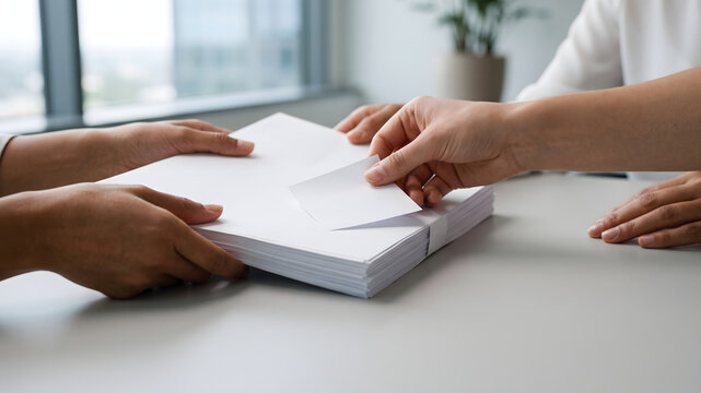 Blank sticky note labeling stack of office paper documents