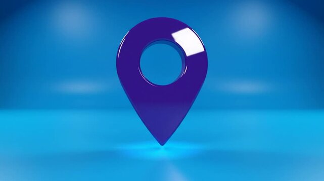 Glossy purple location pin icon stands alone against a gradient blue background, digital rendering