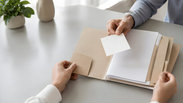 Blank sticky note with office file folder for document organization