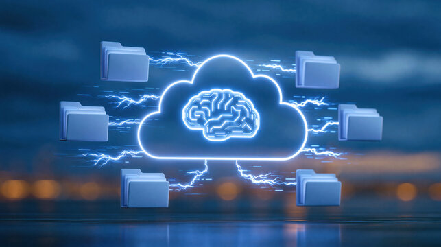 Neon cloud with digital brain and electric data streams connecting floating file folders, futuristic AI file management and cloud storage system