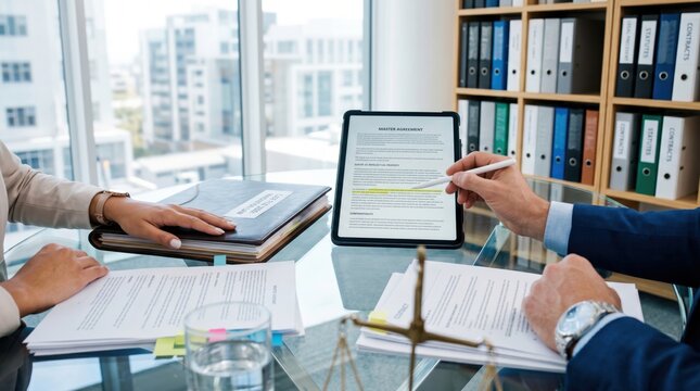 Lawyers reviewing master agreement contract on tablet in modern office, legal consultation meeting, attorney pointing at digital document screen, business negotiation discussion...