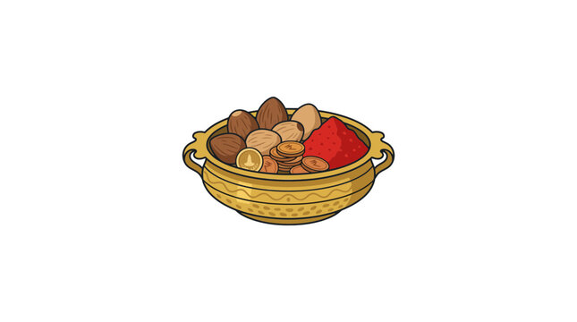 Traditional golden bowl with ceremonial nuts powder and coins