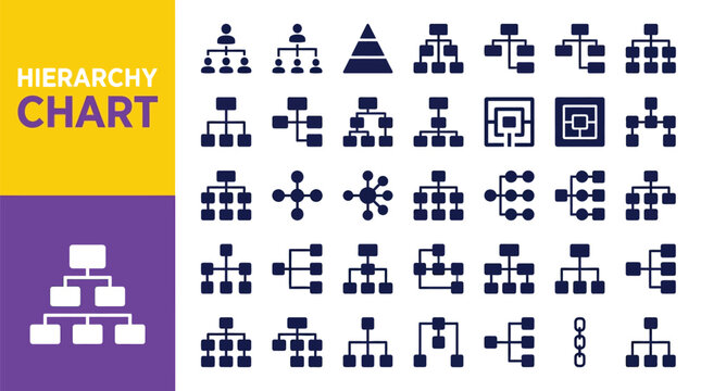 Collection of dark blue hierarchy chart icons for business structure