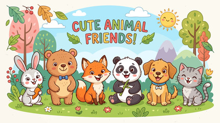 Cute Animal Friends illustration: Bear, Fox, Panda, Dog, Cat, Rabbit with Carrot © Rizky