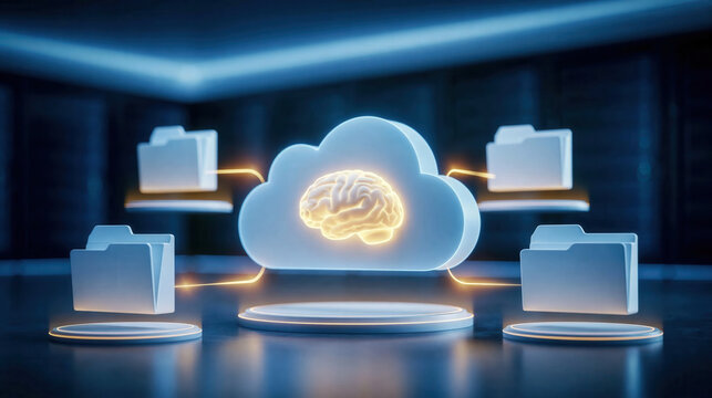 Cloud based artificial intelligence knowledge management system with glowing brain icon and connected folder files, futuristic data storage