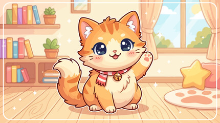 Fototapeta premium Cute Kawaii Orange Tabby Cat Waving Hello in Cozy Room, Cartoon Style