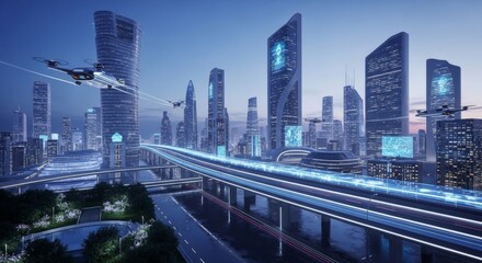 Naklejka premium Futuristic Cityscape with Advanced Transportation and Illuminated Buildings at Night