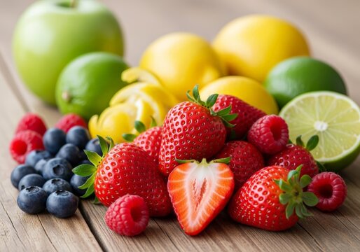 A vibrant assortment of fresh, healthy fruits including strawberries, lemons, limes, and blueberries