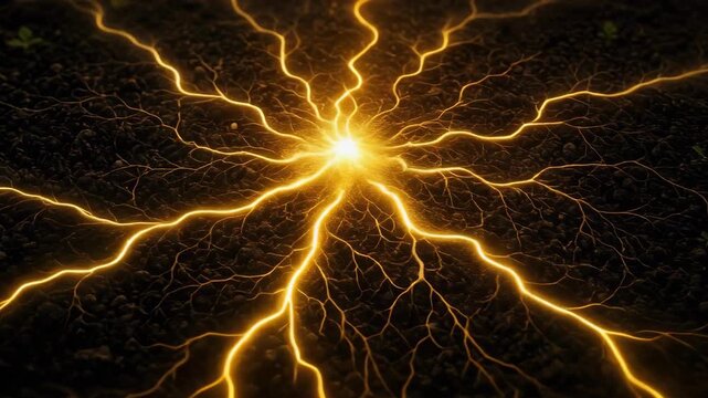 Glowing root-like network spreading across dark soil with small plants