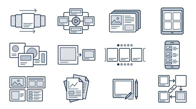 Modern Minimalist Line Icons Showcasing Digital Content Creation Web Design and Mobile App Development Process