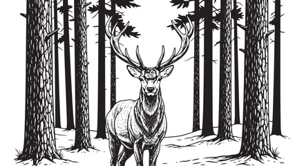 Deer Forest Logo Hand Drawn Black and White Woodcut Illustration © creations sanddollar