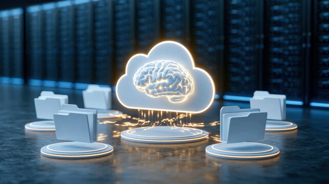 Cloud brain icon representing cloud AI knowledge management connecting glowing folders on server floor with networked data flow