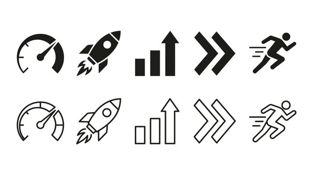 Minimalist vector progress icons set featuring speedometer, rocket, bar chart, arrows, and running figure in filled and outlined styles for acceleration and growth design