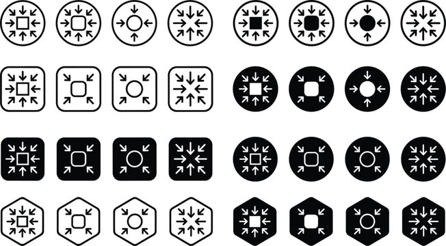 Inward Arrows Meeting Point Icon Bundle with Multi Shape Outline and Glyph Vectors for Interface Minimization, Compression, Shrink, and Centralization Functions